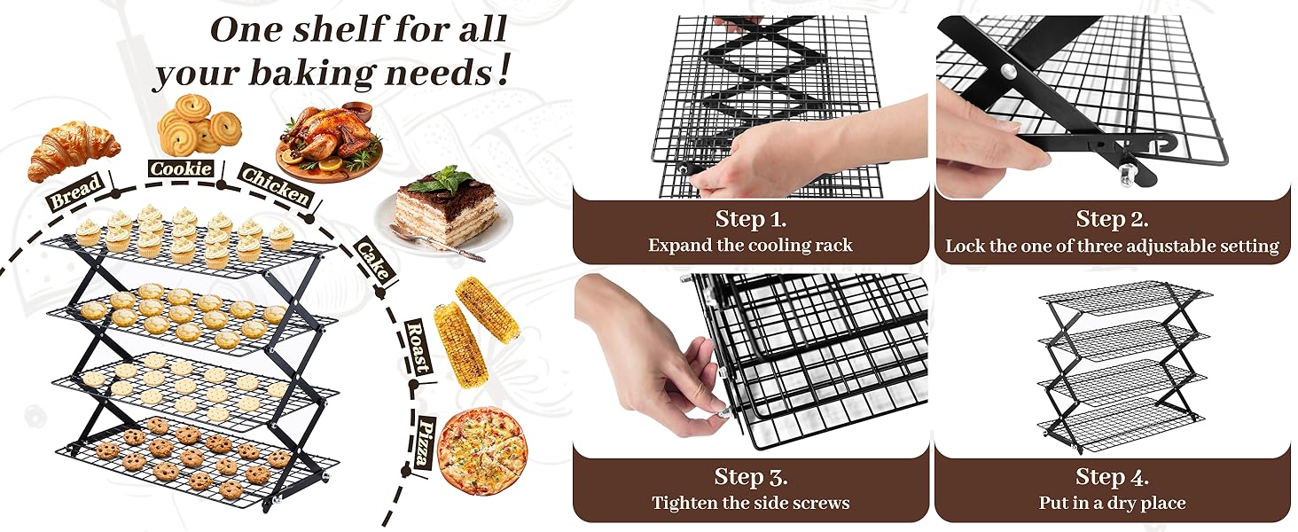Pleafind 4 Tier Collapsible Cooling Rack - 3 Setting Design, Adjustable ＆ Stackable Baking Rack, 5 Modes Cooling Racks for Cooking and Baking, Roasting ＆ Grilling Gifts for Picnic Party