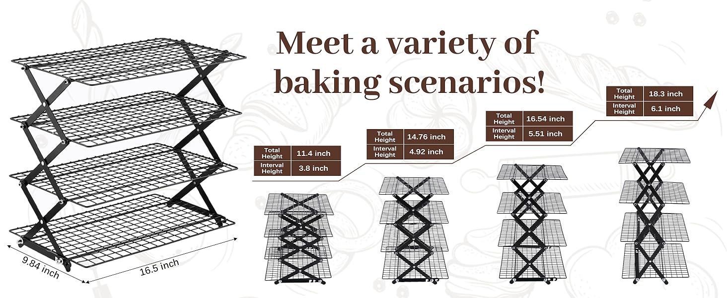 Pleafind 4 Tier Collapsible Cooling Rack - 3 Setting Design, Adjustable ＆ Stackable Baking Rack, 5 Modes Cooling Racks for Cooking and Baking, Roasting ＆ Grilling Gifts for Picnic Party