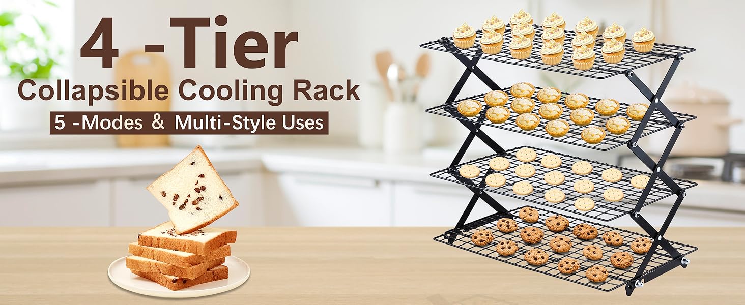 Pleafind 4 Tier Collapsible Cooling Rack - 3 Setting Design, Adjustable ＆ Stackable Baking Rack, 5 Modes Cooling Racks for Cooking and Baking, Roasting ＆ Grilling Gifts for Picnic Party