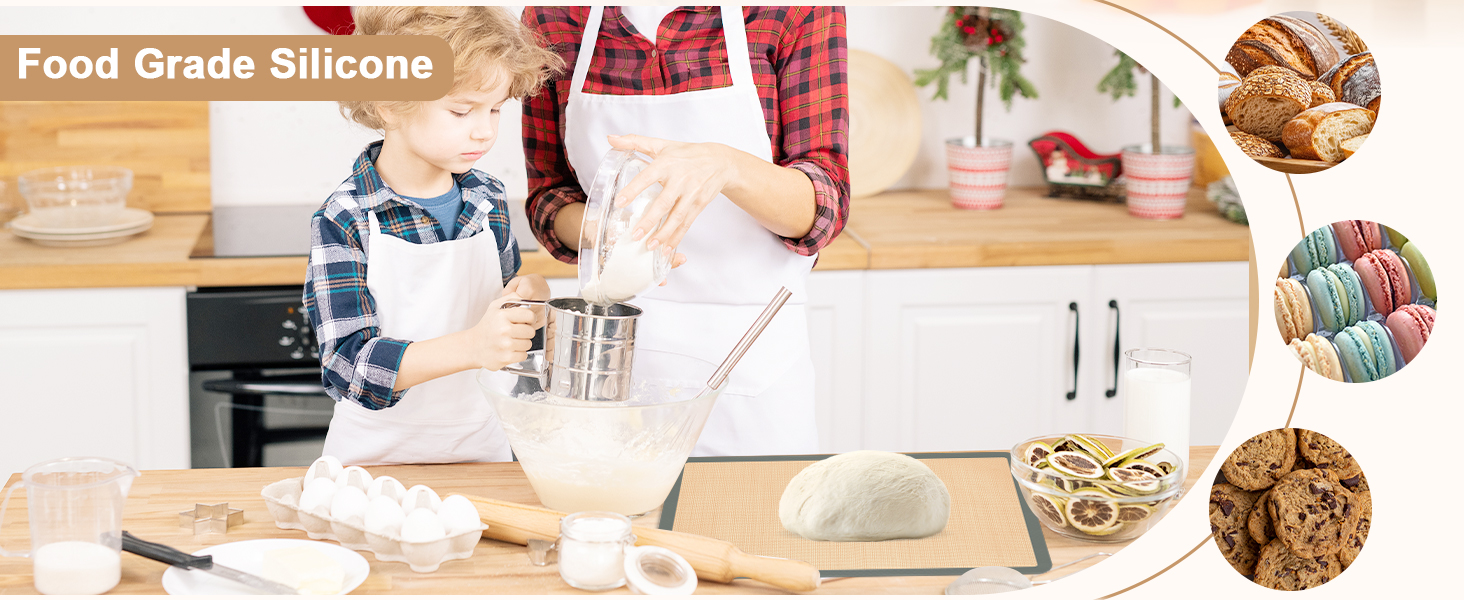 Silicone Baking Mat Set of 4, Nonstick Reusable Macaron Silicone Baking Mat & Round Pizza Mat, Cookie Baking Supplies for Macaroons, Pastry, Pizza, Gray