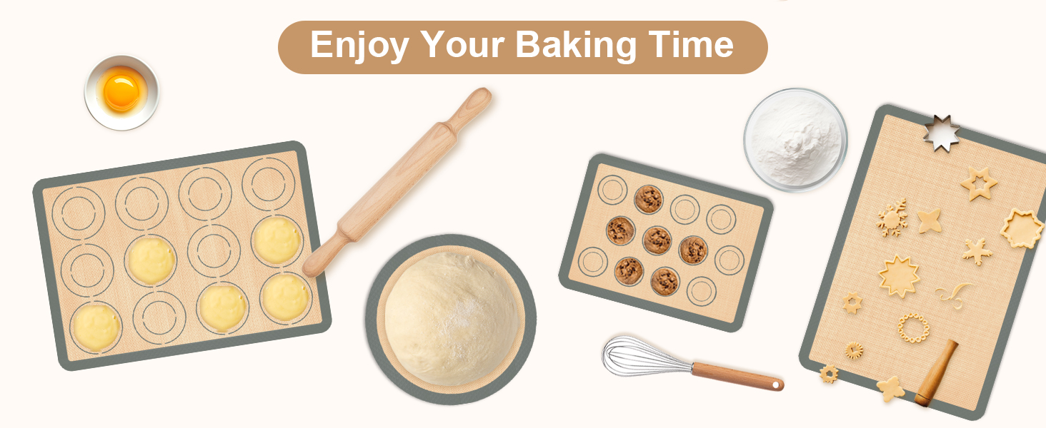Silicone Baking Mat Set of 4, Nonstick Reusable Macaron Silicone Baking Mat & Round Pizza Mat, Cookie Baking Supplies for Macaroons, Pastry, Pizza, Gray