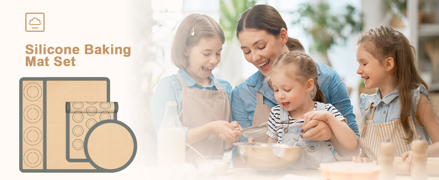 Silicone Baking Mat Set of 4, Nonstick Reusable Macaron Silicone Baking Mat & Round Pizza Mat, Cookie Baking Supplies for Macaroons, Pastry, Pizza, Gray