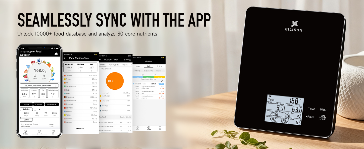 EILISON Smart Kitchen Scale with Bluetooth App, High-Precision Digital Food Scale for Baking, Cooking & Diet, 10000 Food Database, 30 Nutrients, Touchscreen, Tare Function, 5g-10000g Capacity (Black)