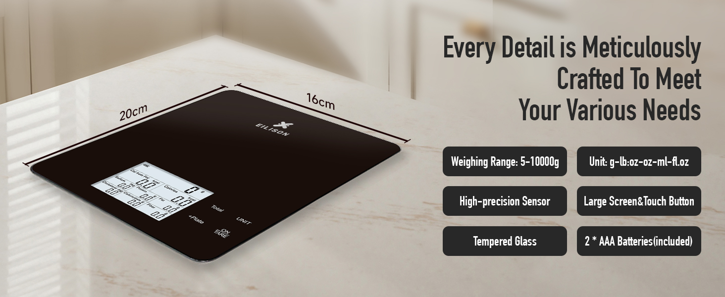 EILISON Smart Kitchen Scale with Bluetooth App, High-Precision Digital Food Scale for Baking, Cooking & Diet, 10000 Food Database, 30 Nutrients, Touchscreen, Tare Function, 5g-10000g Capacity (Black)
