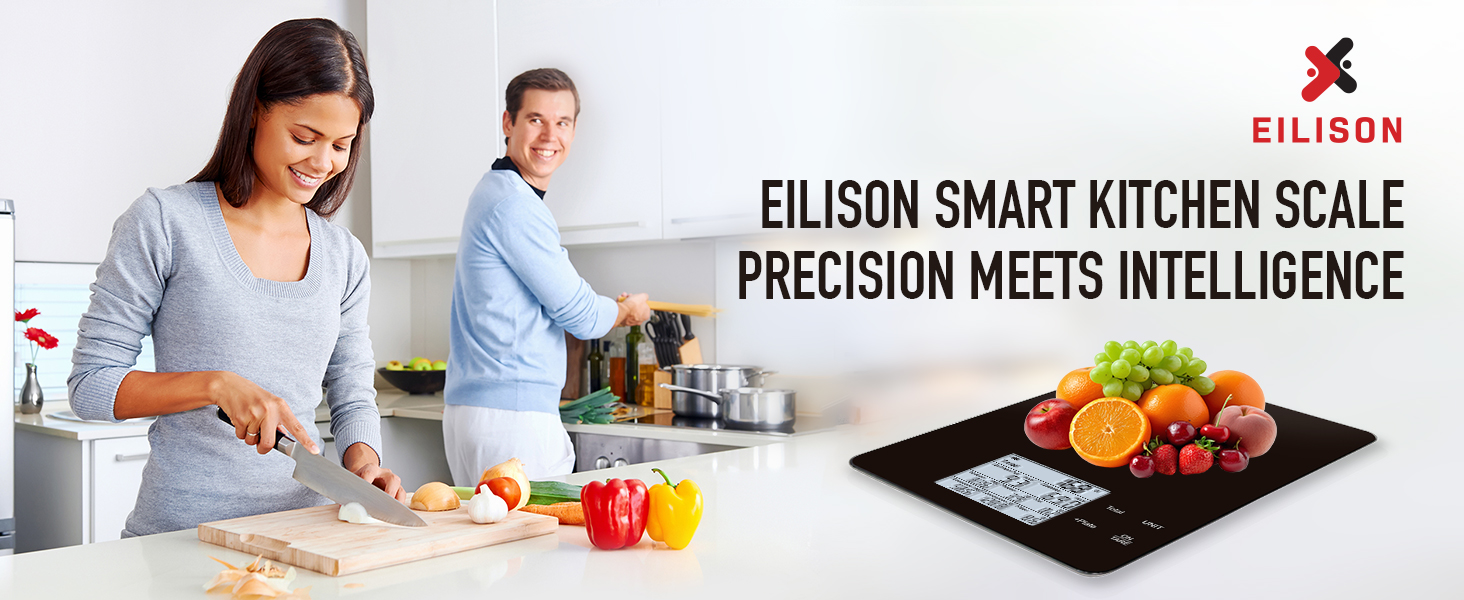 EILISON Smart Kitchen Scale with Bluetooth App, High-Precision Digital Food Scale for Baking, Cooking & Diet, 10000 Food Database, 30 Nutrients, Touchscreen, Tare Function, 5g-10000g Capacity (Black)