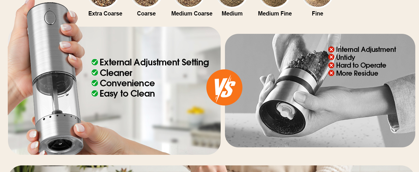 WOWBOX Electric Salt and Pepper Grinder Set 2 PCS, Stainless Steel Automatic Coarseness, Rechargeable Salt and Pepper Shakers, 95 L Large Capacity Multifunctional Pepper Mill, for Kitchen