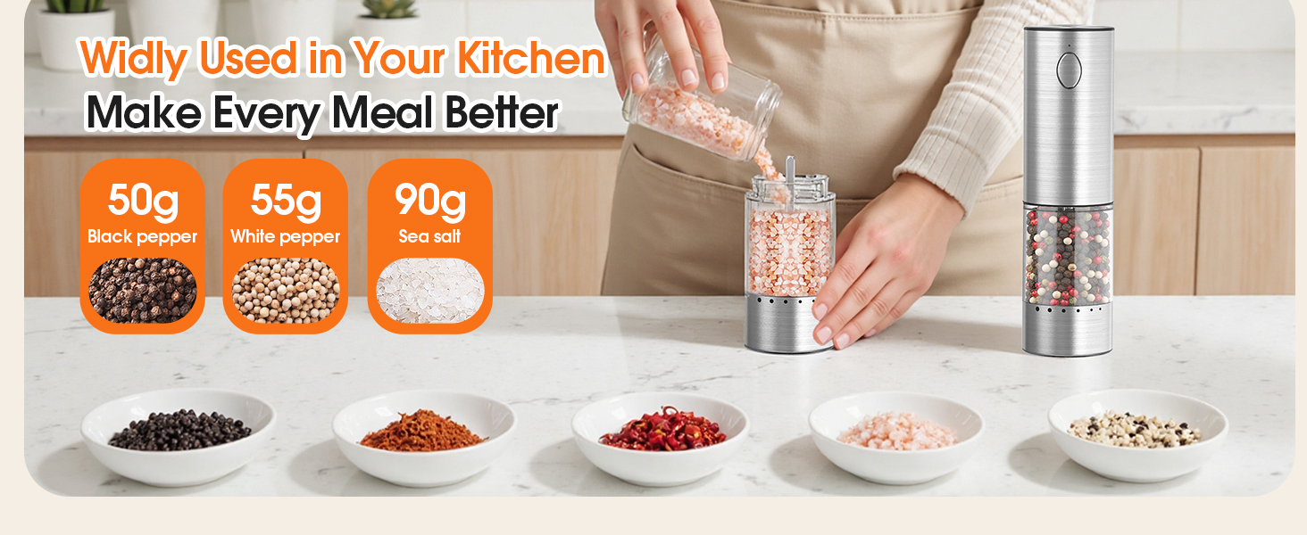 WOWBOX Electric Salt and Pepper Grinder Set 2 PCS, Stainless Steel Automatic Coarseness, Rechargeable Salt and Pepper Shakers, 95 L Large Capacity Multifunctional Pepper Mill, for Kitchen