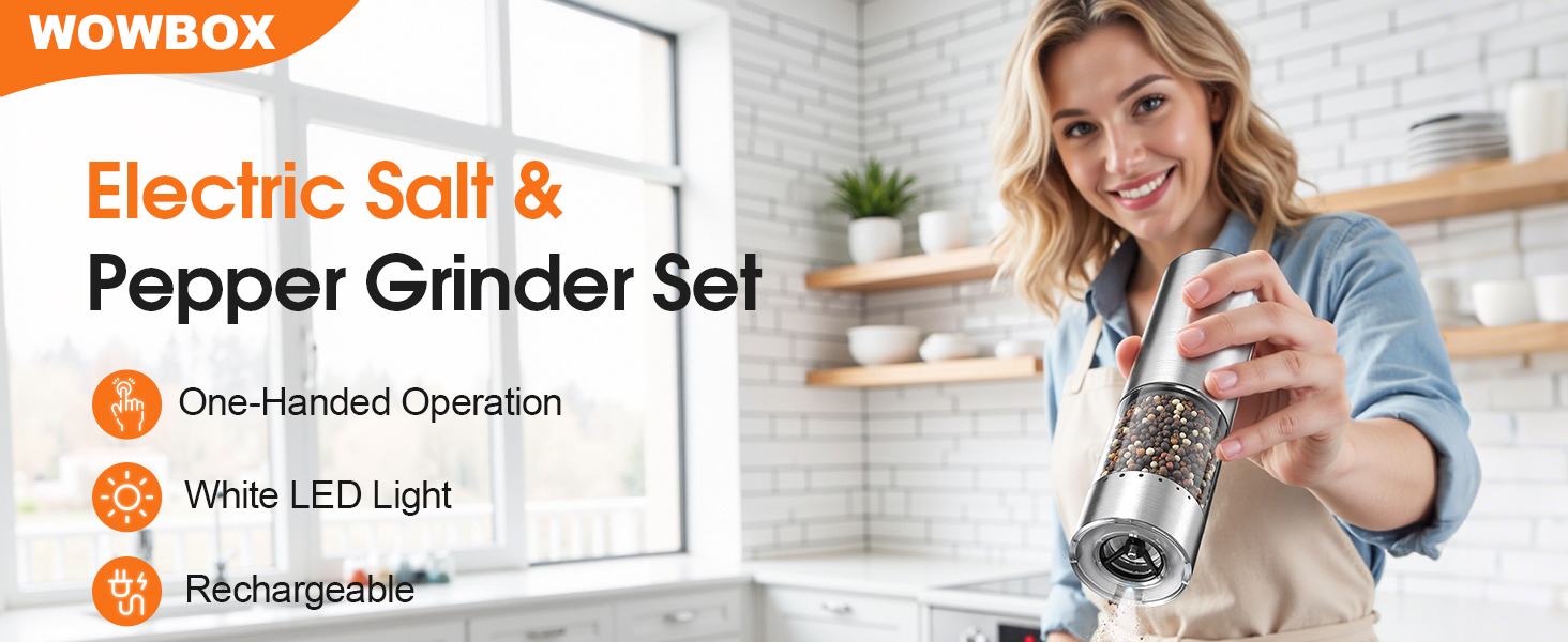 WOWBOX Electric Salt and Pepper Grinder Set 2 PCS, Stainless Steel Automatic Coarseness, Rechargeable Salt and Pepper Shakers, 95 L Large Capacity Multifunctional Pepper Mill, for Kitchen