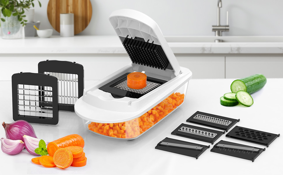 8 Blade All-in-1 Vegetable Chopper Mandoline Slicer with Container, Food Chopper, Onion Chopper, Veggie Cutter for Salad, Kitchen Gadgets Accessories Essentials, White