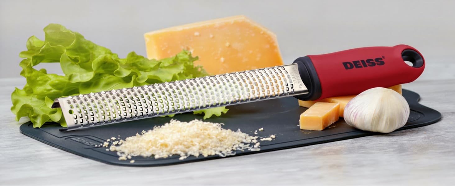 Deiss PRO Citrus Zester & Cheese Grater - Parmesan Cheese Lemon, Ginger, Garlic, Nutmeg, Chocolate, Vegetables, Fruits - Razor-Sharp Stainless Steel Blade, Wide, Dishwasher Safe