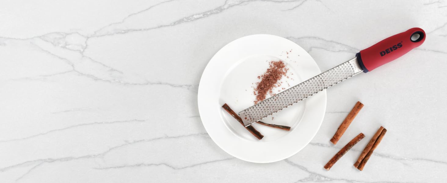 Deiss PRO Citrus Zester & Cheese Grater - Parmesan Cheese Lemon, Ginger, Garlic, Nutmeg, Chocolate, Vegetables, Fruits - Razor-Sharp Stainless Steel Blade, Wide, Dishwasher Safe