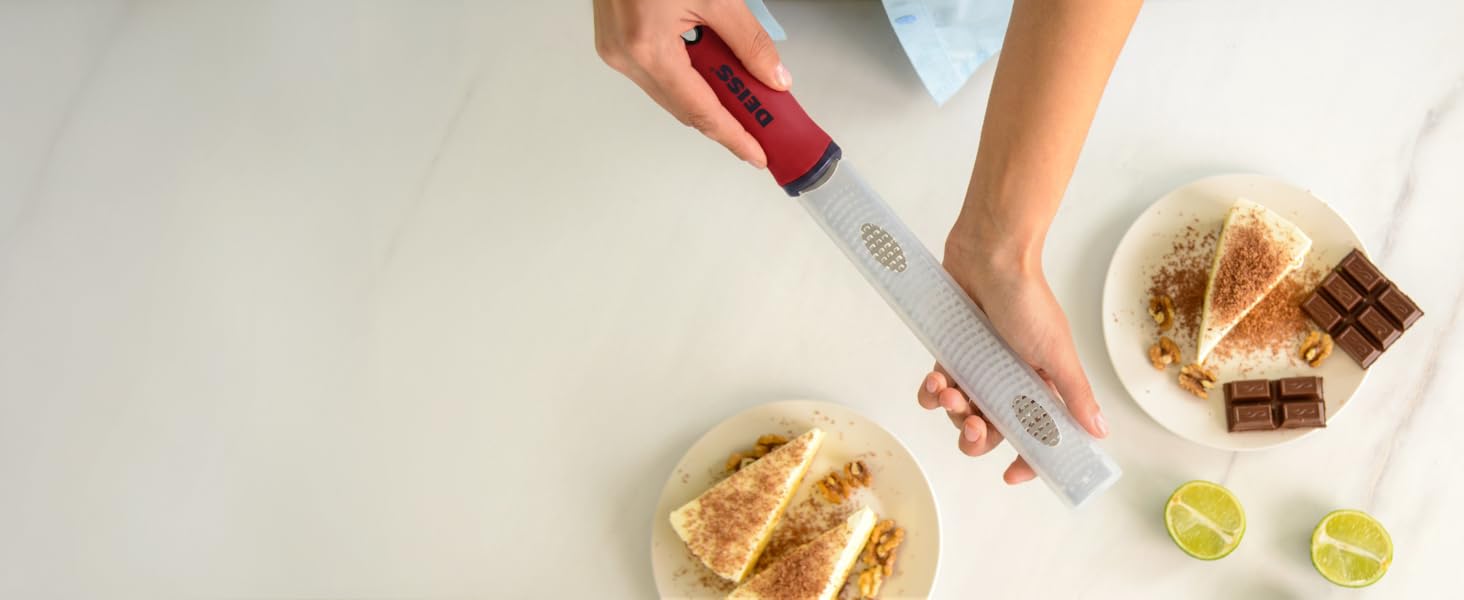 Deiss PRO Citrus Zester & Cheese Grater - Parmesan Cheese Lemon, Ginger, Garlic, Nutmeg, Chocolate, Vegetables, Fruits - Razor-Sharp Stainless Steel Blade, Wide, Dishwasher Safe