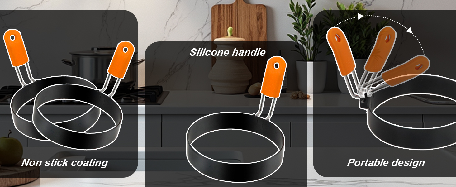 Egg Ring Pancake Ring Set 6 Pcs Stainless Steel Fried Egg Circles Pancake Shapers with Silicone Handle for Griddle Cooking Shaper Indoor Camping Breakfast Omelette Sandwich (4, 6 Inch)