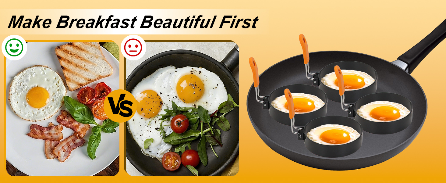 Egg Ring Pancake Ring Set 6 Pcs Stainless Steel Fried Egg Circles Pancake Shapers with Silicone Handle for Griddle Cooking Shaper Indoor Camping Breakfast Omelette Sandwich (4, 6 Inch)