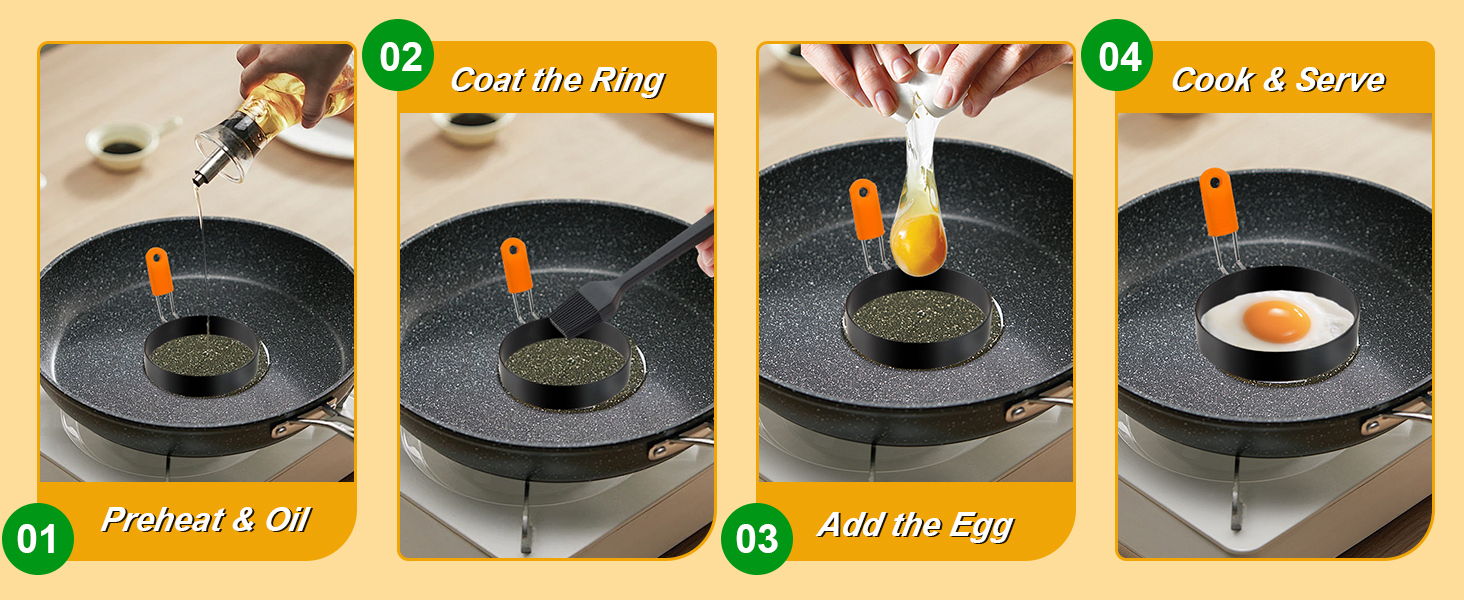 Egg Ring Pancake Ring Set 6 Pcs Stainless Steel Fried Egg Circles Pancake Shapers with Silicone Handle for Griddle Cooking Shaper Indoor Camping Breakfast Omelette Sandwich (4, 6 Inch)