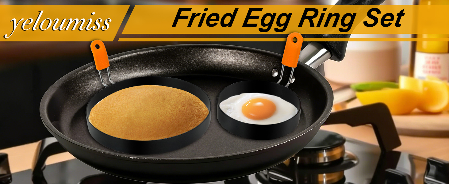 Egg Ring Pancake Ring Set 6 Pcs Stainless Steel Fried Egg Circles Pancake Shapers with Silicone Handle for Griddle Cooking Shaper Indoor Camping Breakfast Omelette Sandwich (4, 6 Inch)