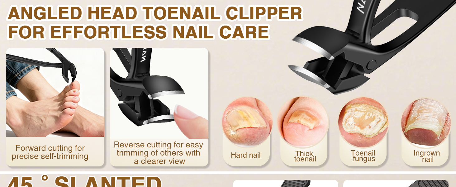 Extended Toenail Clippers for Thick Toenails, Long Handled Nail Clippers for Seniors Angled Head Cutters with Catcher, Ergonomic Wide Jaw Opening,45° Slanted Curved Finger Nail Clippers for Men Women