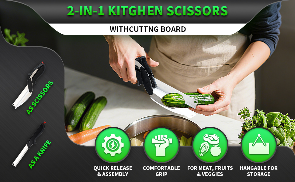 DZ Duozhan Food Cutting Scissors with Built-in Chopping Board - Premium Stainless Steel Kitchen Shears for Vegetables Fruits Meat Poultry - 2-in-1 Multi-Purpose Dishwasher Safe