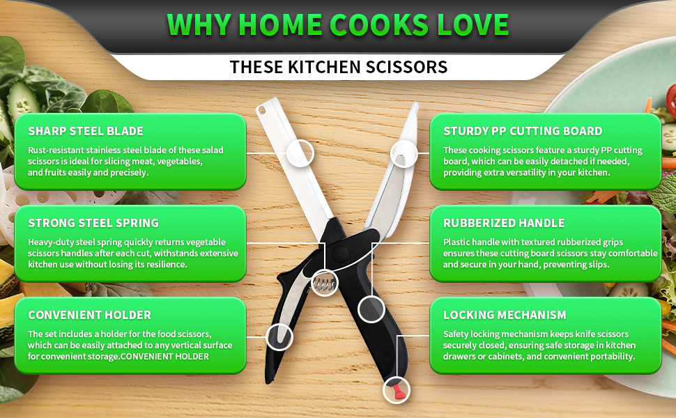 DZ Duozhan Food Cutting Scissors with Built-in Chopping Board - Premium Stainless Steel Kitchen Shears for Vegetables Fruits Meat Poultry - 2-in-1 Multi-Purpose Dishwasher Safe