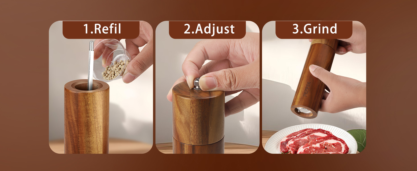 Acacia Wood Salt and Pepper Grinder Set with Base - Adjustable Ceramic Rotor Manual Pepper Mill and Salt Shaker - Refillable Wooden Spice Grinders for Kitchen Cooking, Farmhouse Decor & Gifts