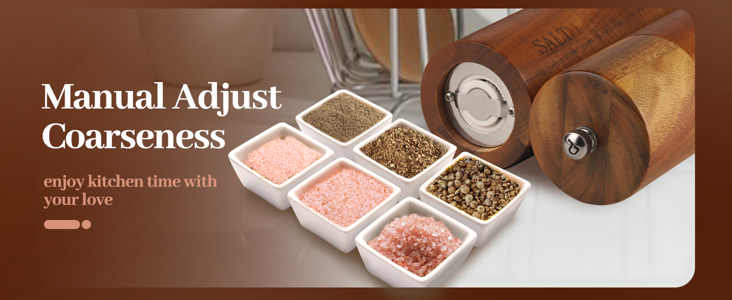 Acacia Wood Salt and Pepper Grinder Set with Base - Adjustable Ceramic Rotor Manual Pepper Mill and Salt Shaker - Refillable Wooden Spice Grinders for Kitchen Cooking, Farmhouse Decor & Gifts