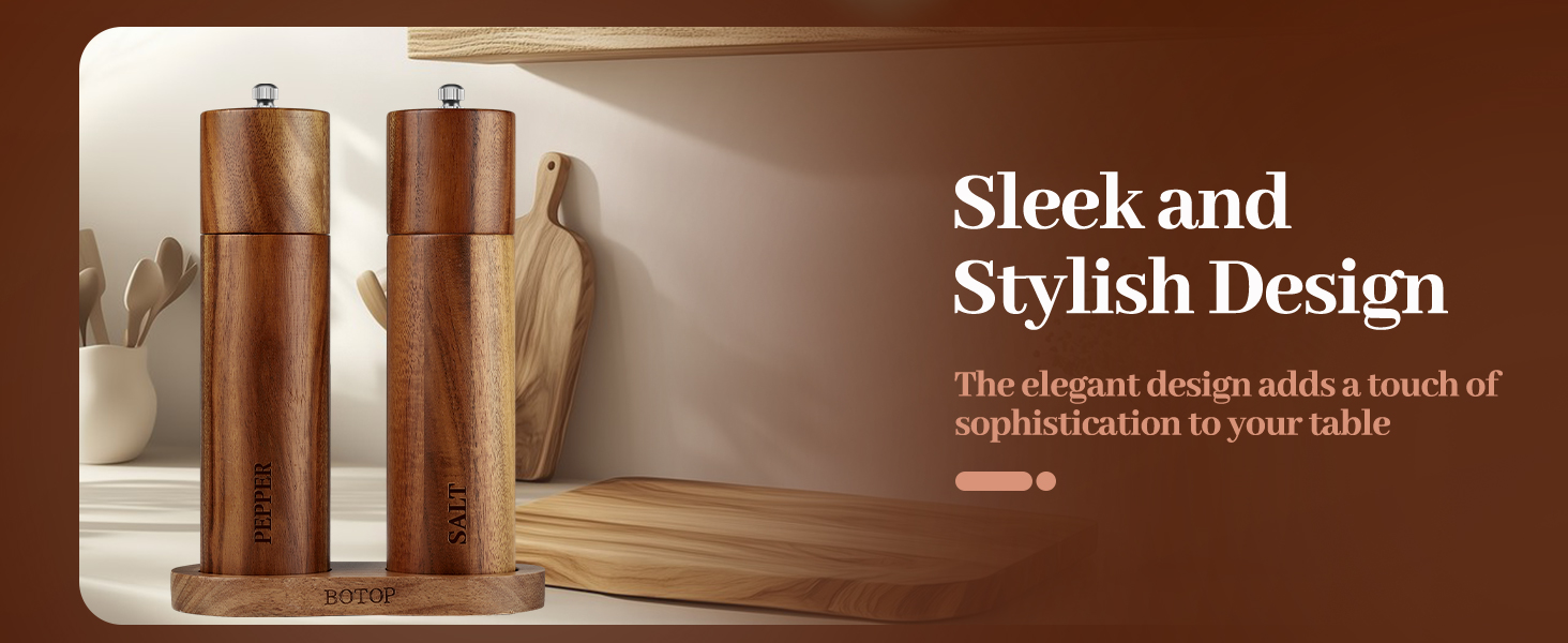 Acacia Wood Salt and Pepper Grinder Set with Base - Adjustable Ceramic Rotor Manual Pepper Mill and Salt Shaker - Refillable Wooden Spice Grinders for Kitchen Cooking, Farmhouse Decor & Gifts
