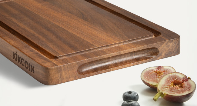 Kikcoin Wood Cutting Boards for Kitchen, 3 PCS Wooden Cutting Board Set with Holder, Chopping Board with Built-In Compartments and Juice Groove, Solid Charcuterie Board Serving Tray Wood Butcher Block