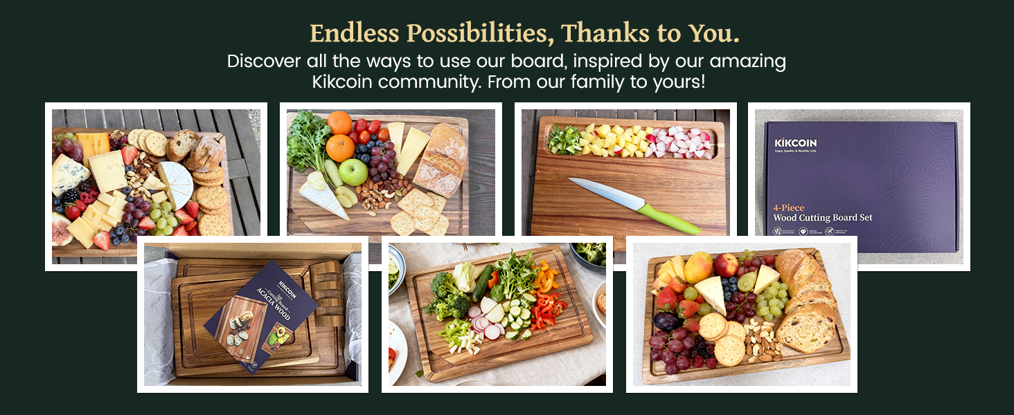 Kikcoin Wood Cutting Boards for Kitchen, 3 PCS Wooden Cutting Board Set with Holder, Chopping Board with Built-In Compartments and Juice Groove, Solid Charcuterie Board Serving Tray Wood Butcher Block