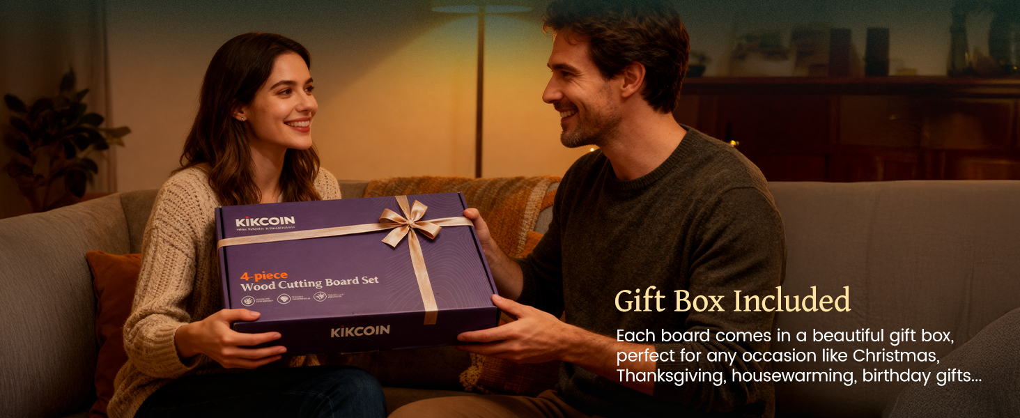 Kikcoin Wood Cutting Boards for Kitchen, 3 PCS Wooden Cutting Board Set with Holder, Chopping Board with Built-In Compartments and Juice Groove, Solid Charcuterie Board Serving Tray Wood Butcher Block