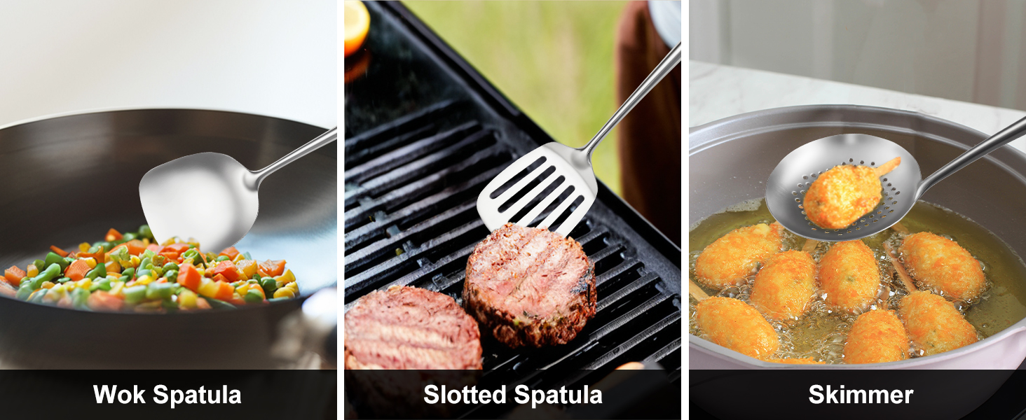 18/10 Stainless Steel Cooking Utensils Set,9 Pcs Professional All Metal Stainless Steel Kitchen Utensils Set with Wok Spatula,Soup Ladle,Skimmer,Slotted Spatula Turner, Large Spoon(Dishwasher Safe)