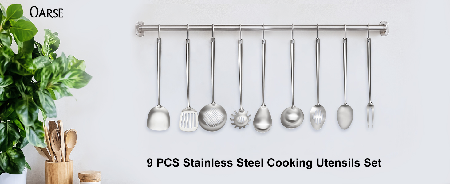 18/10 Stainless Steel Cooking Utensils Set,9 Pcs Professional All Metal Stainless Steel Kitchen Utensils Set with Wok Spatula,Soup Ladle,Skimmer,Slotted Spatula Turner, Large Spoon(Dishwasher Safe)