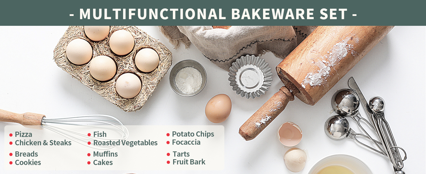 Baking Pans Set with Silicone Handles, 34 PCS Nonstick Bakeware Sets, Oven Pan Set Includes Baking Tray, Cookie Sheet, Cake Pans, Loaf Pan, Muffin Pan, Pizza Pan