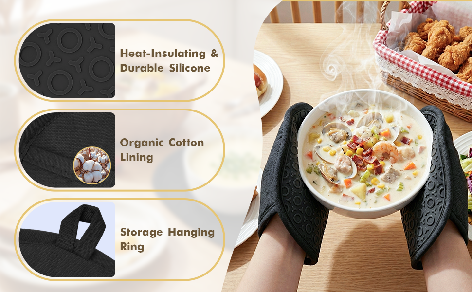 2Pack Silicone Pot Holders and Oven Mitts for Kitchen Heat Protection, Rated Hot Pads with Non-Slip Grip, Flexible, Thick Heat Resistant Mitts, Dishwasher Safe & Easy Storage(Black)