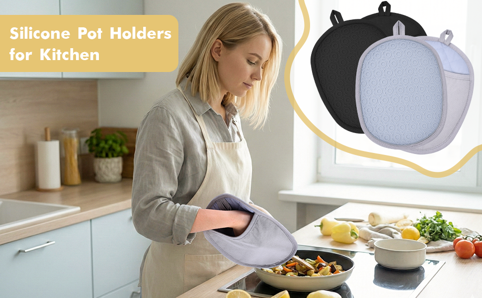 2Pack Silicone Pot Holders and Oven Mitts for Kitchen Heat Protection, Rated Hot Pads with Non-Slip Grip, Flexible, Thick Heat Resistant Mitts, Dishwasher Safe & Easy Storage(Black)