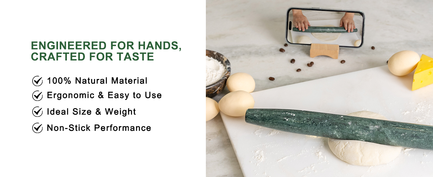 French Marble French Rolling Pin with Wooden Resting Base, 15 inch Kitchen Baking Tool for Baking with Non-Stick Surface, Ideal as a Dough Roller for Pie Crust, Cookie, Pasta