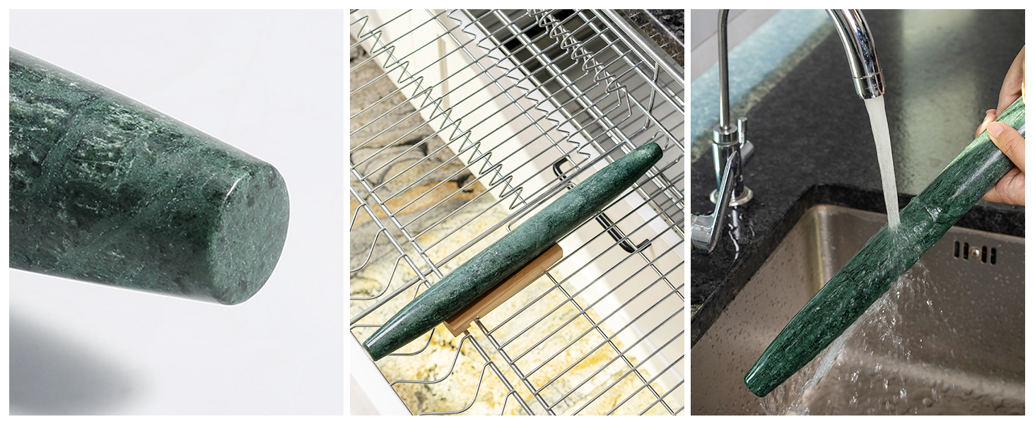 French Marble French Rolling Pin with Wooden Resting Base, 15 inch Kitchen Baking Tool for Baking with Non-Stick Surface, Ideal as a Dough Roller for Pie Crust, Cookie, Pasta