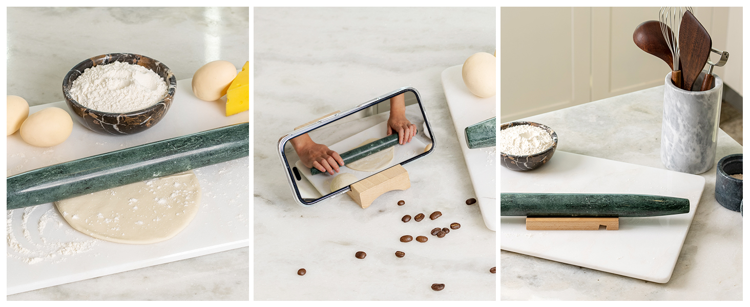 French Marble French Rolling Pin with Wooden Resting Base, 15 inch Kitchen Baking Tool for Baking with Non-Stick Surface, Ideal as a Dough Roller for Pie Crust, Cookie, Pasta