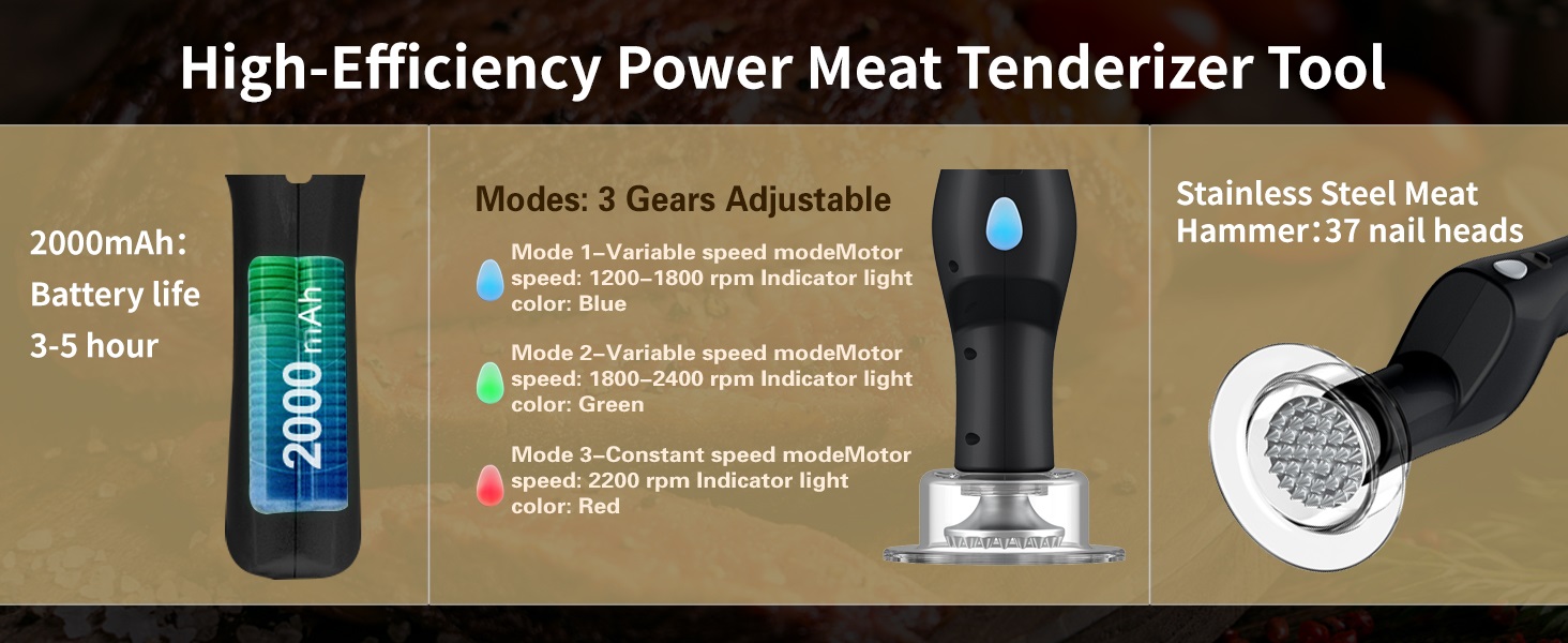 Electric Meat Tenderizer, Handheld Cordless Electric Heavy Duty Meat Tenderizer Hammer, 37 Stainless Steel Sharp Needles Kitchen Tenderizer for Steak, Beef, Chicken Chops, Pork Chops