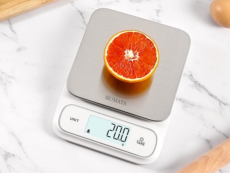 BOMATA Waterproof IPX6 Kitchen Scale, 0.1 g/0.01 oz High Precision, 5 kg/11 lbs, Digital Scale with Backlight, Stainless Steel Weighing Platform, for Food, Cooking, Baking, Weight Loss.. B619, White