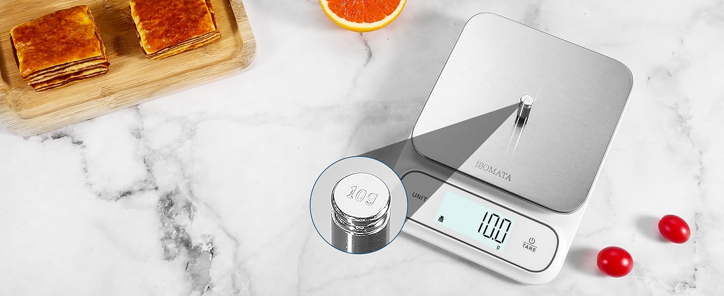 BOMATA Waterproof IPX6 Kitchen Scale, 0.1 g/0.01 oz High Precision, 5 kg/11 lbs, Digital Scale with Backlight, Stainless Steel Weighing Platform, for Food, Cooking, Baking, Weight Loss.. B619, White