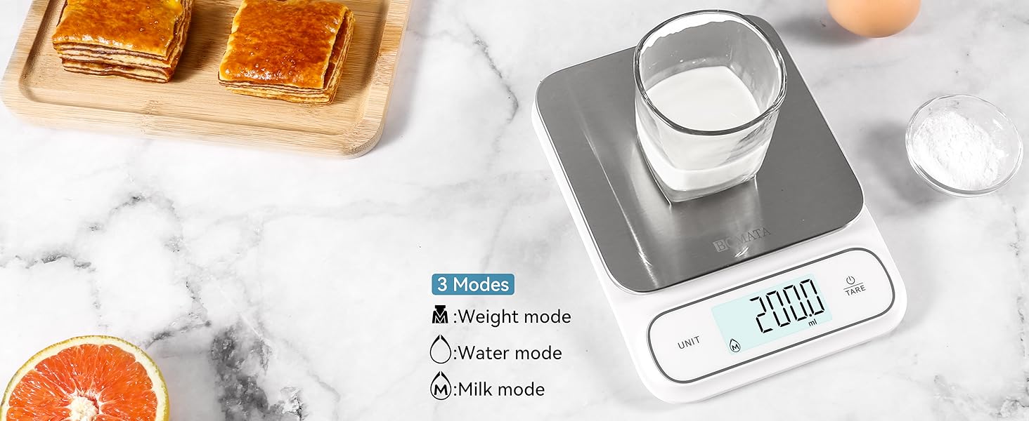 BOMATA Waterproof IPX6 Kitchen Scale, 0.1 g/0.01 oz High Precision, 5 kg/11 lbs, Digital Scale with Backlight, Stainless Steel Weighing Platform, for Food, Cooking, Baking, Weight Loss.. B619, White
