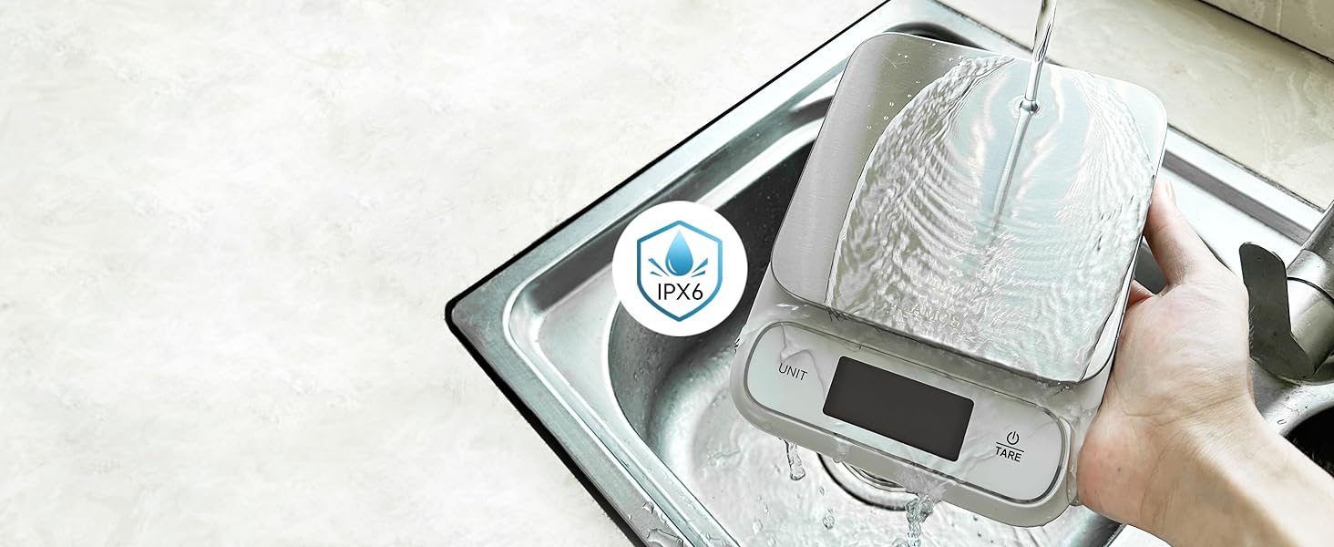 BOMATA Waterproof IPX6 Kitchen Scale, 0.1 g/0.01 oz High Precision, 5 kg/11 lbs, Digital Scale with Backlight, Stainless Steel Weighing Platform, for Food, Cooking, Baking, Weight Loss.. B619, White