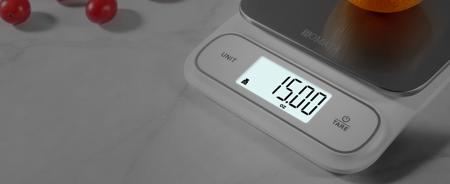BOMATA Waterproof IPX6 Kitchen Scale, 0.1 g/0.01 oz High Precision, 5 kg/11 lbs, Digital Scale with Backlight, Stainless Steel Weighing Platform, for Food, Cooking, Baking, Weight Loss.. B619, White