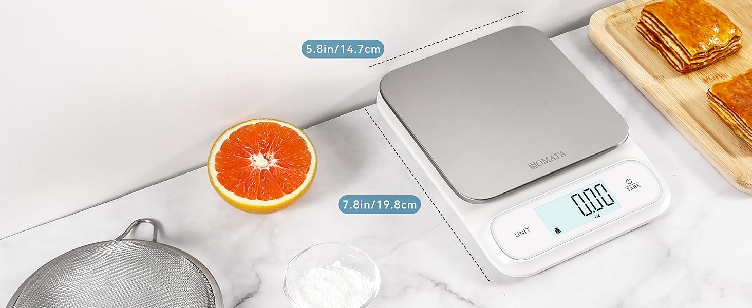 BOMATA Waterproof IPX6 Kitchen Scale, 0.1 g/0.01 oz High Precision, 5 kg/11 lbs, Digital Scale with Backlight, Stainless Steel Weighing Platform, for Food, Cooking, Baking, Weight Loss.. B619, White