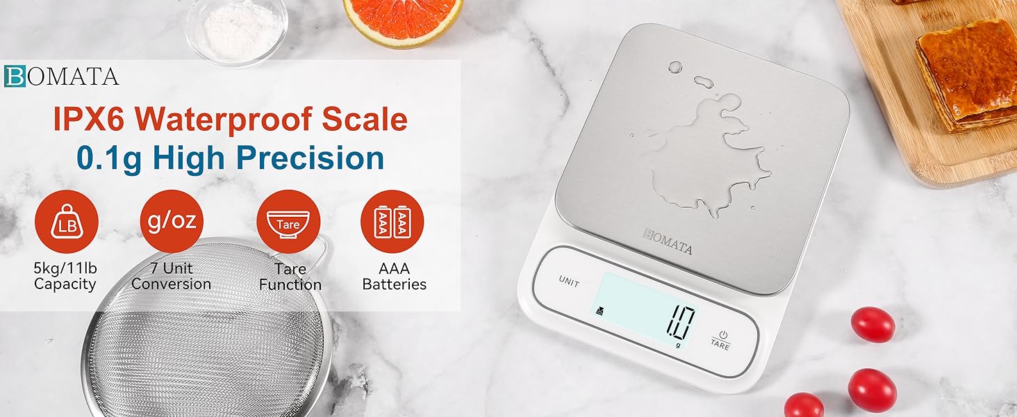 BOMATA Waterproof IPX6 Kitchen Scale, 0.1 g/0.01 oz High Precision, 5 kg/11 lbs, Digital Scale with Backlight, Stainless Steel Weighing Platform, for Food, Cooking, Baking, Weight Loss.. B619, White