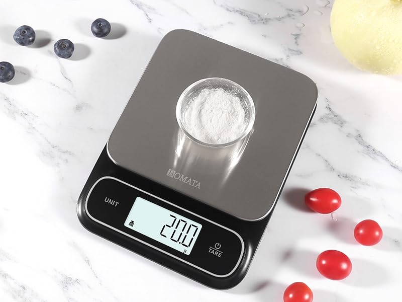 BOMATA Waterproof IPX6 Kitchen Scale, 0.1 g/0.01 oz High Precision, 5 kg/11 lbs, Digital Scale with Backlight, Stainless Steel Weighing Platform, for Food, Cooking, Baking, Weight Loss.. B619, Grey