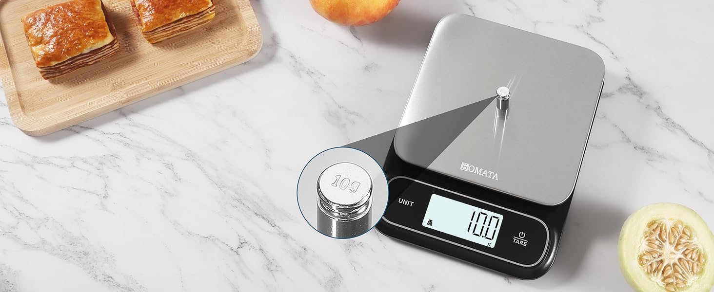 BOMATA Waterproof IPX6 Kitchen Scale, 0.1 g/0.01 oz High Precision, 5 kg/11 lbs, Digital Scale with Backlight, Stainless Steel Weighing Platform, for Food, Cooking, Baking, Weight Loss.. B619, Grey