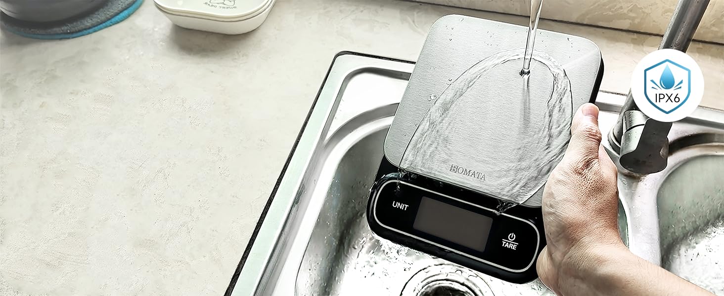 BOMATA Waterproof IPX6 Kitchen Scale, 0.1 g/0.01 oz High Precision, 5 kg/11 lbs, Digital Scale with Backlight, Stainless Steel Weighing Platform, for Food, Cooking, Baking, Weight Loss.. B619, Grey