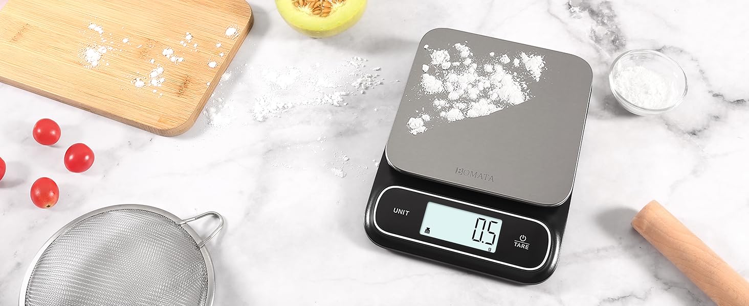 BOMATA Waterproof IPX6 Kitchen Scale, 0.1 g/0.01 oz High Precision, 5 kg/11 lbs, Digital Scale with Backlight, Stainless Steel Weighing Platform, for Food, Cooking, Baking, Weight Loss.. B619, Grey