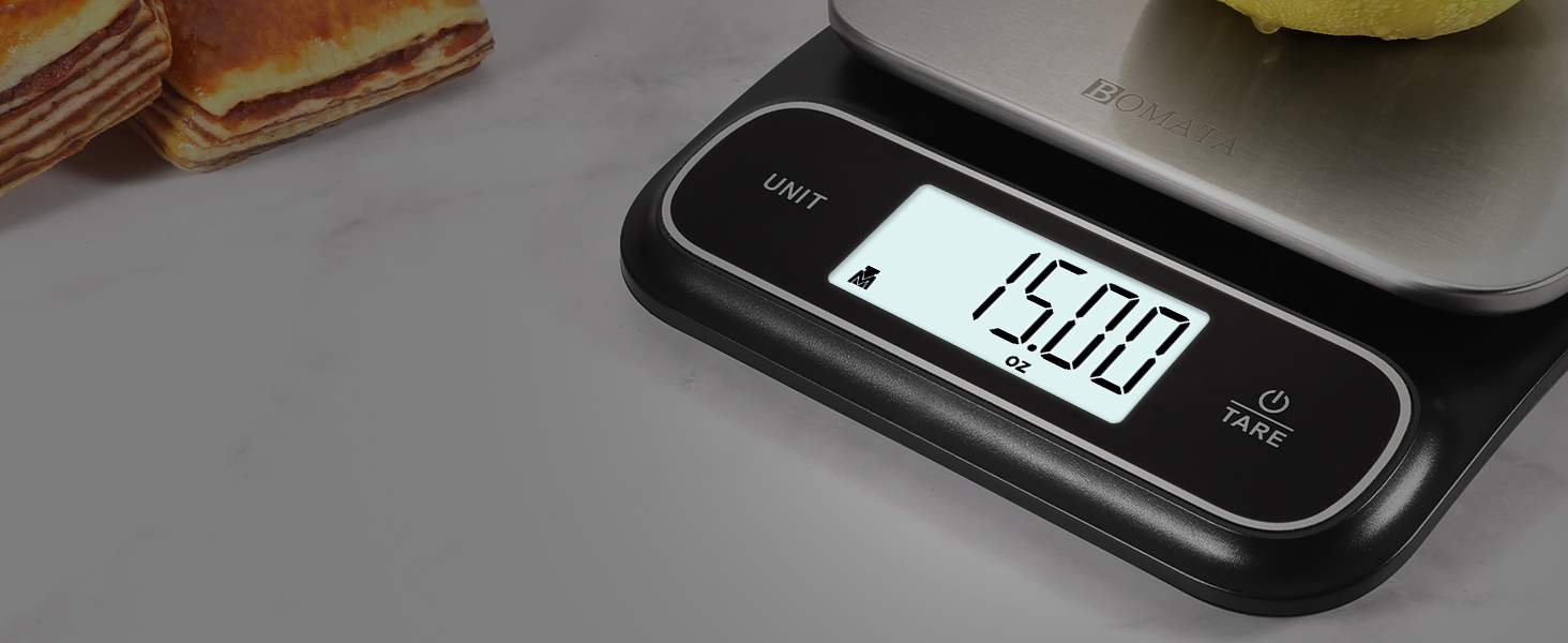 BOMATA Waterproof IPX6 Kitchen Scale, 0.1 g/0.01 oz High Precision, 5 kg/11 lbs, Digital Scale with Backlight, Stainless Steel Weighing Platform, for Food, Cooking, Baking, Weight Loss.. B619, Grey